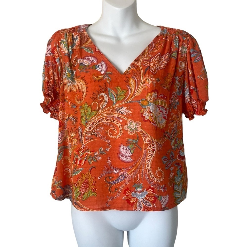 Nicole Miller New York Orange Paisley Puff Sleeve Blouse size XS